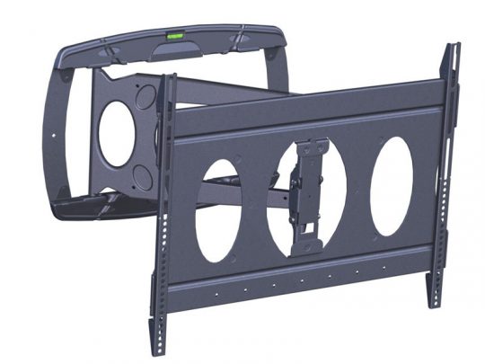 Schwarze, verstellbare TV-Wandhalterung für Flachbildfernseher - mit mehreren Befestigungslöchern, integrierter Wasserwaage und schwenkbarem, ausziehbarem Arm zur flexiblen Ausrichtung; ideal zum Mieten oder Kaufen.