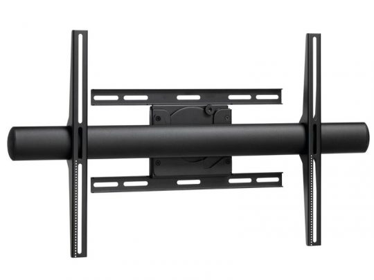 Schwarze TV-Wandhalterung mit vertikalen und horizontalen Metallstreben, geeignet zur sicheren Befestigung von Flachbildfernsehern. Das Modell zeigt Montageplatte und -arme vor weißem Hintergrund. Das Produkt kann gekauft oder gemietet werden.