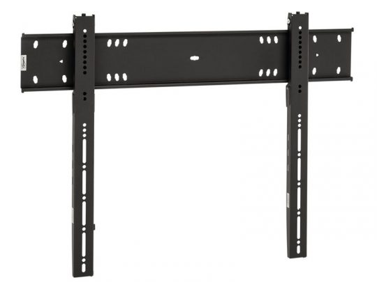 Schwarze TV-Wandhalterung aus Metall mit mehreren Löchern und Schlitzen zur flexiblen Montage; ideal zur sicheren Befestigung eines Flachbildfernsehers an der Wand - perfekt zum Mieten oder Kaufen.