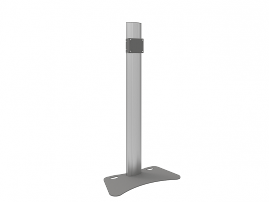 Freistehender Metall-Pedestal mit rechteckiger, vertikaler Säule und gebogener, flacher Basis; oben befindet sich eine kleine Montageplatte. Ideal zum Mieten oder Kaufen - stabiler Standfuß für Displays oder Geräte.