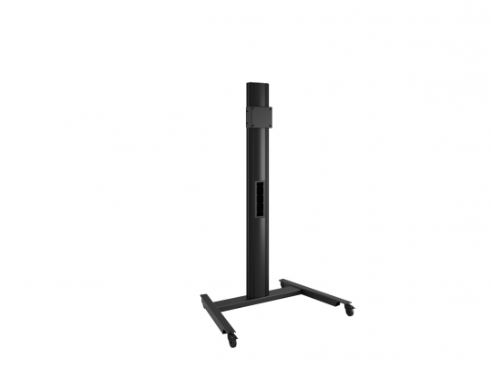 Schwarzer, mobiler TV-Ständer aus Metall mit vertikaler Stützsäule, zwei Standbeinen mit Rollen und zentraler Halterung für Monitore oder Fernseher, ideal zum Kaufen oder Mieten; Produktabbildung vor weißem Hintergrund.
