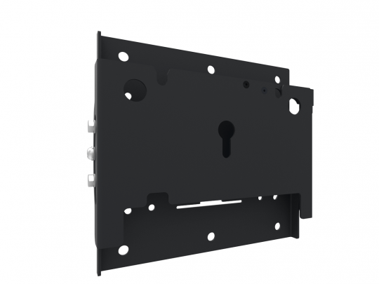 Schwarzes Metall-Einsteckschloss (Mortise Lock Case) mit mehreren Montagelöchern, einem zentralen Schlüsselloch und sichtbaren Riegelmechanismen an der Seite, vor weißem Hintergrund - ideal zum Kaufen oder Mieten.