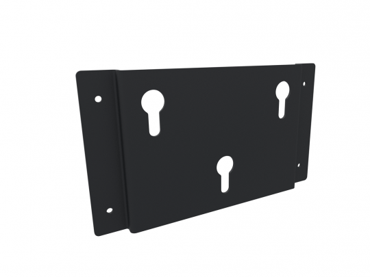 Schwarze Metall-Montagehalterung mit drei schlüssellochförmigen Aussparungen und vier Schraublöchern, Produktname: Black Metal Mounting Bracket, vor weißem Hintergrund. Die Halterung ist angewinkelt und zeigt Vorder- und Seitenkante - ideal zum Kaufen oder Mieten für vielseitige Befestigungen.