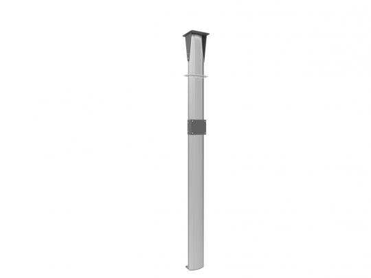 Stabiler, senkrechter Metallpfosten mit schwarzer Abdeckung, mittigem Befestigungswinkel und ausladendem Schutzschild nahe der Spitze - ideal als Absperrpfosten oder Poller, zur Miete oder zum Kauf; Produkt vor weißem Hintergrund.