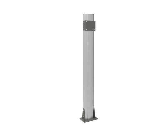 Metallischer Montagepfosten mit rechteckigem Querschnitt, Flanschfuß und oberer Befestigungsplatte - ideal als Montage- oder Installationsstütze kaufen oder mieten; das Produkt steht freistehend vor weißem Hintergrund.