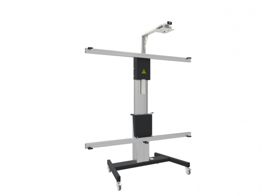 Moderner, industrieller Metall-Mobilständer (Mobile Stand) mit vier Rollen, vertikalen und horizontalen silbernen Streben sowie montiertem Beamer oder Kamera oben - ideal zum Mieten oder Kaufen für flexible Präsentationen und Events.