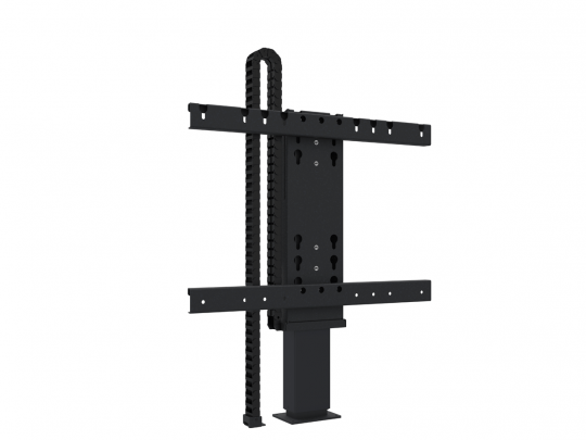 Modernes TV-Wandhalterungssystem aus schwarzem Metall ("Modern Black Metal TV Wall Mount Bracket") mit vertikalen Schienen und motorisiertem Liftmechanismus, links integriertem Kabelkanal; das industrielle Design eignet sich ideal zum Kaufen oder Mieten für stilvolle Wohn- oder Büroeinrichtungen.