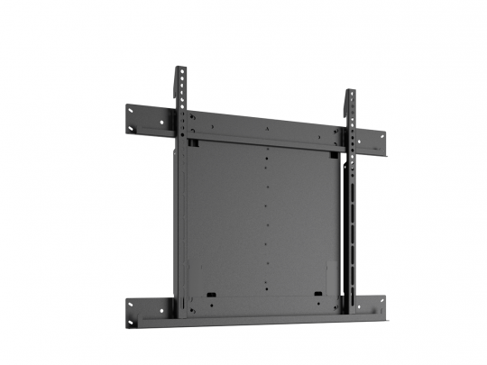 Schwarze Metall-TV-Wandhalterung für Flachbildfernseher, Modell mit verstellbaren vertikalen und horizontalen Streben sowie mehreren Montagebohrungen, vor weißem Hintergrund - ideal zum Kaufen oder Mieten.