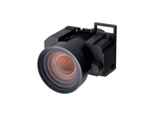 Wechselobjektiv Epson ELPLU05, neues Modell im schwarzen Gehäuse mit großem Glaselement, vor weißem Hintergrund - perfekt zum Kauf oder zur Miete für Projektoren.