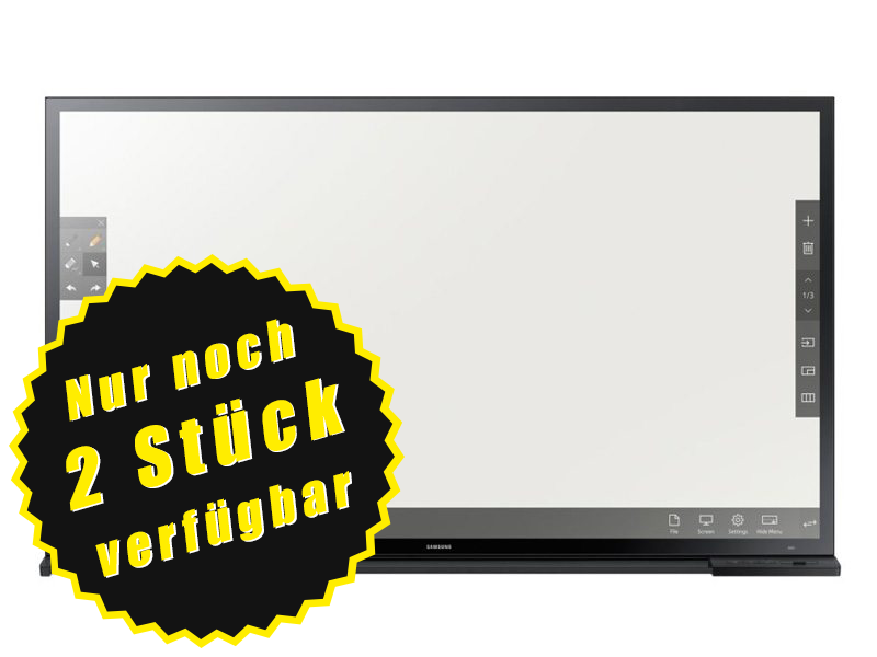 Samsung Digital Whiteboard mit großem schwarzem und gelbem Hinweis "Nur noch 2 Stück verfügbar". Interaktives Display zum Mieten oder Kaufen, abgebildet in moderner Umgebung. Ideal für Meetings, Präsentationen und Zusammenarbeit.