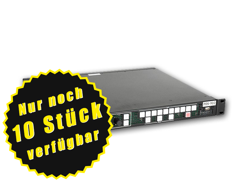 Schwarzes elektronisches Gerät mit der Aufschrift "PDS-902"; auf dem Bild ist eine Stern-Grafik mit dem Hinweis "Nur noch 10 Stück verfügbar" zu sehen. Das Gerät kann jetzt gemietet oder gekauft werden.