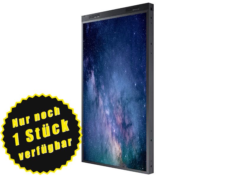 Vertikales LED-Display "Galaxy Slim" mit schlankem Rahmen, zeigt ein leuchtendes Sternen-Galaxie-Motiv. In der unteren linken Ecke befindet sich ein gelb-schwarzes Badge mit der Aufschrift "Nur noch 1 Stück verfügbar", das auf die letzte verfügbare Einheit zum Mieten oder Kaufen hinweist. Ideal für Events und Werbezwecke.