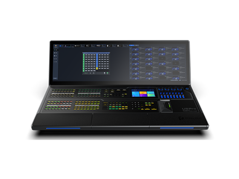 Professioneller Video-Switcher mit großem Touchscreen, farbigen Tasten, Slidern und Bedienelementen - ideal für Live-Video-Produktion und Broadcast. Jetzt den Video-Mischer kaufen oder mieten.