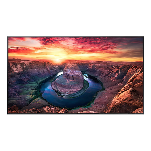 Moderner Flachbildfernseher mit gestochen scharfem Bild von Horseshoe Bend-ein gewundener Fluss, umgeben von roten Felsenschluchten bei Sonnenuntergang und farbigem Himmel. Ideal zum Kaufen oder Mieten hochwertiger Fernseher und Displays.