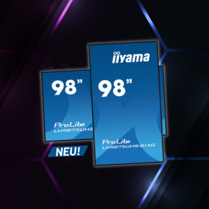 Zwei große blaue Monitore mit der Aufschrift "iiyama 98 ProLite LH9875UHS" stehen vor einem dunklen, futuristischen Hintergrund mit geometrischen Linien. Einer der Bildschirme ist mit "NEU!" gekennzeichnet - ideal zum Mieten oder Kaufen für Events, Präsentationen oder Konferenzen.