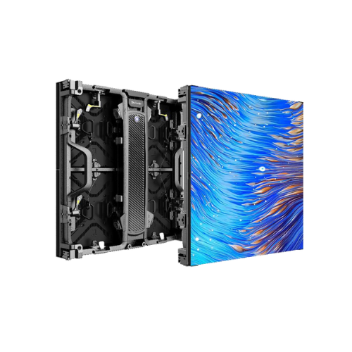 Explosionszeichnung eines LED-Display-Panels mit sichtbaren internen Komponenten und leuchtendem blauen Muster - ideal für alle, die ein modernes LED-Display mieten oder kaufen möchten.