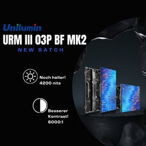 Produktbild des Unilumin URM III 03P BF MK2 LED Screens, ein moderner LED-Bildschirm mit besonders hoher Helligkeit von 4200 nits und verbessertem Kontrastverhältnis von 6000:1. Das rechteckige Display zeigt brillante Farb- und Bildqualität auf dunklem Hintergrund, ideal für den Innen- und Außenbereich. Perfekt zum Kaufen oder Mieten - jetzt erhältlich!.