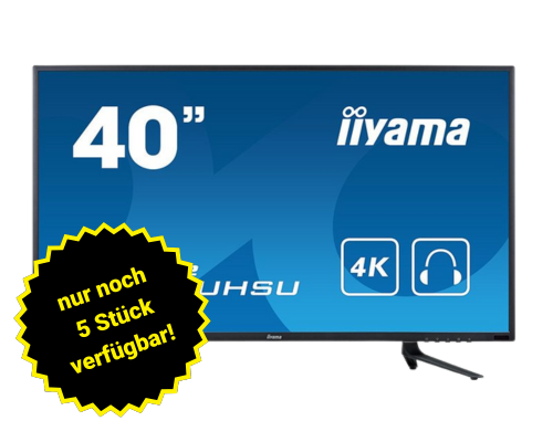 40-Zoll iiyama 4K Monitor, frontal abgebildet, mit gelbem Stern-Aufkleber "nur noch 5 Stück verfügbar!". Auf dem Bildschirm sind Produktdetails und das Branding mit dem Hinweis "jetzt kaufen oder mieten!" zu sehen. Hochauflösender Ultra-HD-Monitor für Büro oder Home Office.