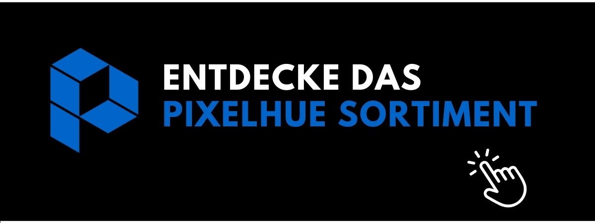 Blaues, geometrisches Pixelhue-Logo mit großer weiß-blauer Schrift "Entdecke das Pixelhue Sortiment kaufen oder mieten" auf schwarzem Hintergrund; in der Ecke ein weißes Hand-Klick-Symbol.