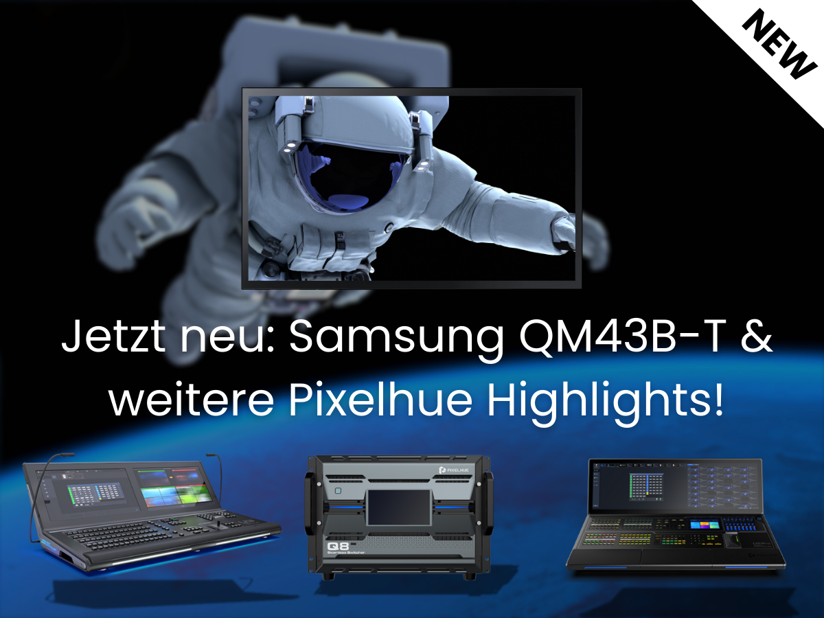 Werbegrafik mit dem Text "Jetzt neu: Samsung QM43B-T & weitere Pixelhue Highlights!". Im Bild schwebt ein futuristischer, weißer Roboterarm neben einem roten "NEU"-Label. Am unteren Bildrand sind drei verschiedene elektronische Geräte ausgestellt, die zum Kaufen oder Mieten angeboten werden.