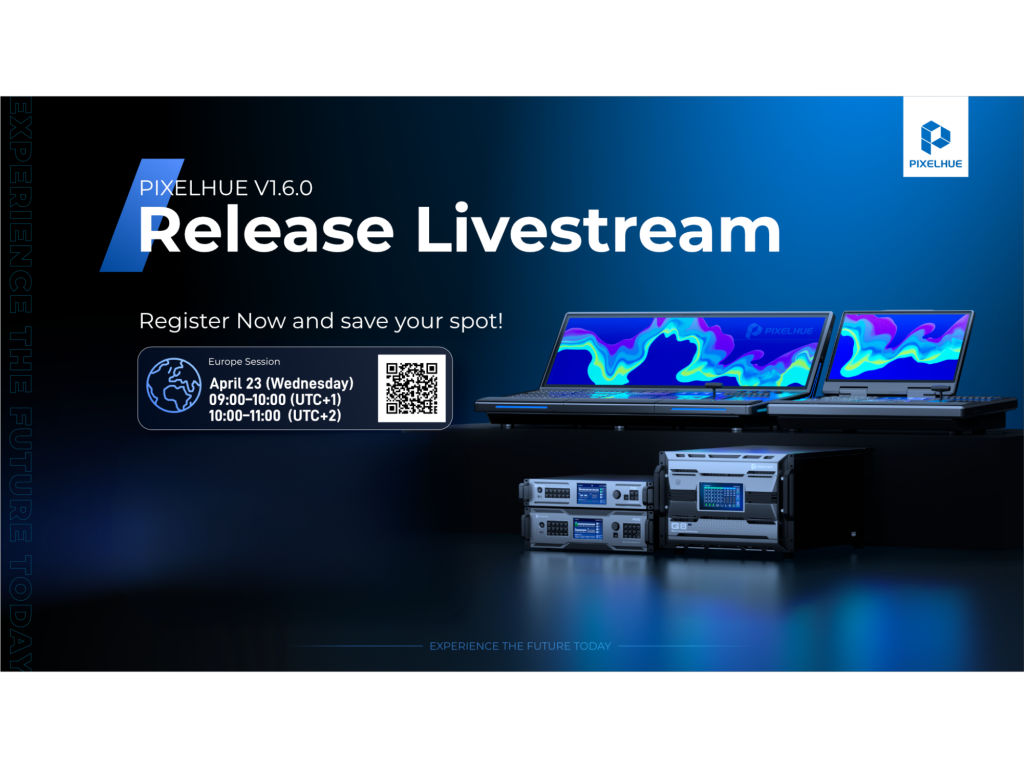 Promotionsbild für das PIXELHUE V1.6.0 Release Livestream am 23. April, zeigt zwei farbenfrohe Laptops mit Software, verschiedene steuerbare Hardware-Geräte zum Mieten oder Kaufen, sowie einen QR-Code zur Anmeldung - ideal für Technik- und Broadcast-Interessierte.