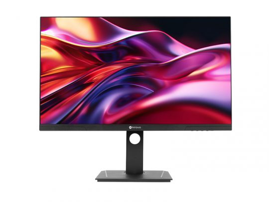 Lenovo Computer Monitor mit schlankem schwarzen Rahmen auf rechteckigem Standfuß vor weißem Hintergrund. Auf dem Bildschirm ist ein leuchtendes, abstraktes Wellenmuster in Rot- und Violetttönen zu sehen.