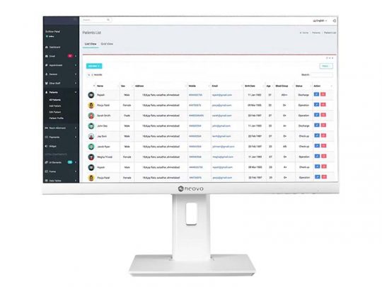 Das Produktbild zeigt einen weißen Neovo Desktop-Monitor, auf dessen Bildschirm eine Patientenlisten-Software angezeigt wird. Die Benutzeroberfläche enthält Spalten für Name, E-Mail, Telefon, Status und Details der Patienten. Am linken Rand befindet sich ein Seitenmenü mit den Optionen "Dashboard" und "Patientenverwaltung".