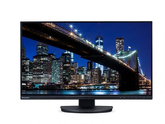 Computer-Monitor Samsung Odyssey mit Darstellung einer nächtlichen Stadtansicht - eine hell erleuchtete Hängebrücke und hohe, beleuchtete Wolkenkratzer vor dunklem Himmel sind auf dem Bildschirm zu sehen.