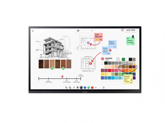 Digital Whiteboard für Architektur- und Designprojekte zeigt auf dem Bildschirm architektonische Zeichnungen, Farbmuster, virtuelle Haftnotizen und handschriftliche Anmerkungen sowie verschiedene Designwerkzeuge und Navigationsoptionen. Ideal für kollaborative Kreativarbeit im Team.