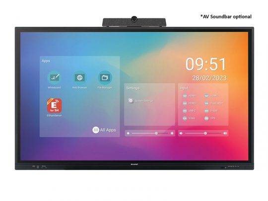 Großes Touchscreen-Display mit farbiger Benutzeroberfläche, verschiedenen App-Symbolen, Einstellungen sowie Datum und Uhrzeit (09:51, 28.02.2023); auf dem Bildschirm steht "AV Soundbar optional". Oberhalb des Displays ist eine Kamera oder Soundbar montiert. Das Produkt eignet sich ideal für moderne Konferenzräume oder digitale Klassenzimmer.