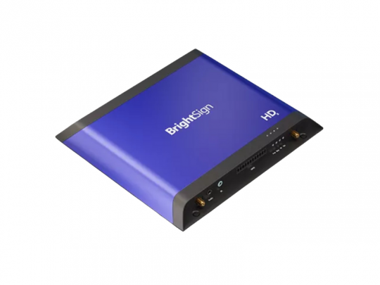 BrightSign HD225 Digital Signage Media Player zur Miete, in Blau und Schwarz, mit mehreren Frontanschlüssen, auf weißem Hintergrund - ideal für hochwertige Digital-Signage-Lösungen.