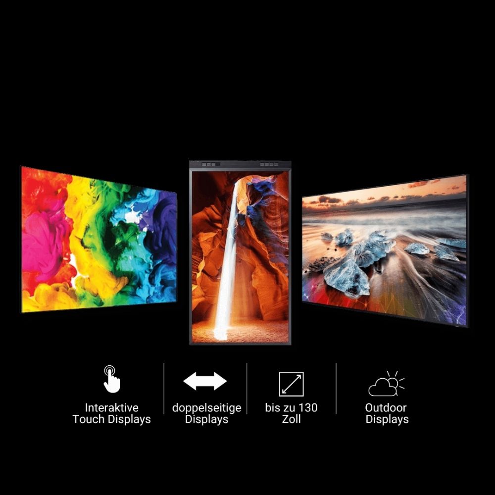 Drei große, leuchtende Digitaldisplays von Display mieten vor schwarzem Hintergrund, Icons für Touch-, Outdoor- & Doppelseitendisplays.