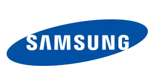 Samsung Logo: Weiße Großbuchstaben "SAMSUNG" auf schrägem blauen Oval - bekanntes Markenzeichen für Monitore und Displays.