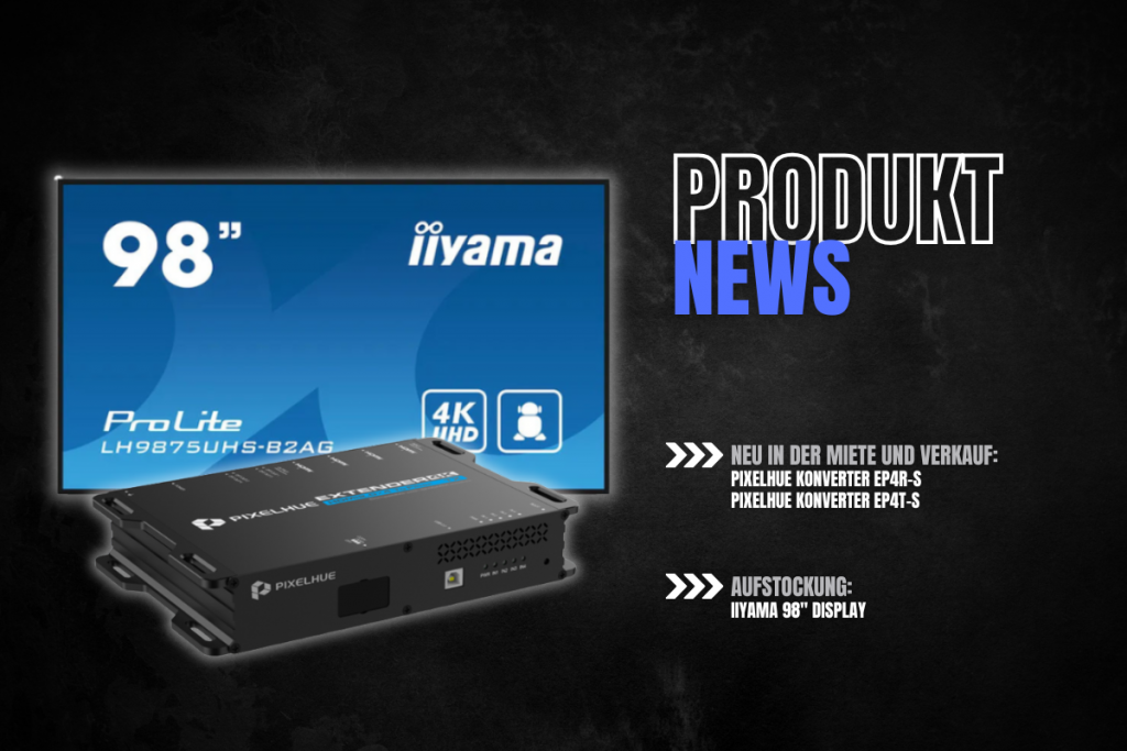 Das Bild zeigt das 98 Zoll iiyama ProLite 4K UHD Display, PixelHue Konverter und Unilumin URMIII 2.6 Mk2 Pro Miete.