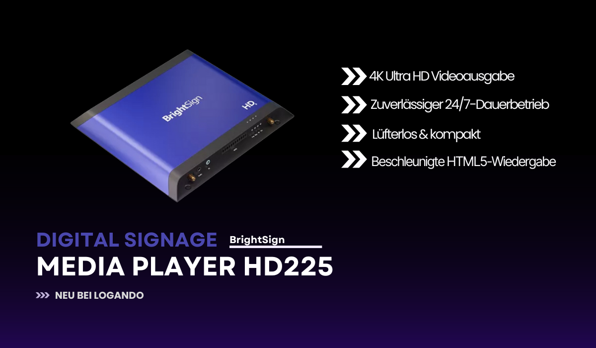 BrightSign HD225: Blauer 4K-Mediaplayer & LED-Controller vor dunklem Hintergrund, deutsche Features im Bildtext.