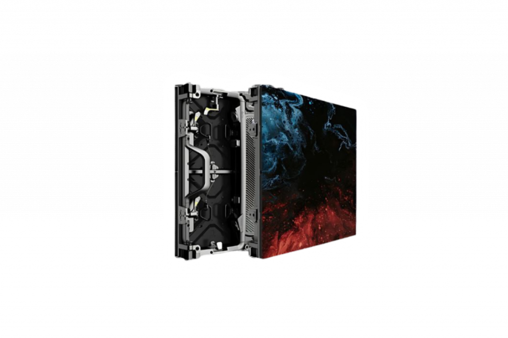 Unilumin URMIII 2.6 Mk2 Pro Miete LED Panel mit buntem Display vorne, Elektronik und Metallrahmen hinten, auf hellem Hintergrund.