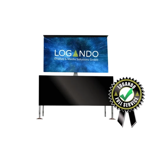 Digitales Display von LOGANDO mit dem Text "Display & Media Solutions GmbH" auf weißem Hintergrund. Unten rechts befindet sich ein schwarzes Siegel mit der Aufschrift "Logando Full Service". Ideal zum Mieten oder Kaufen. Perfekt für professionelle Präsentationen und digitale Werbung.